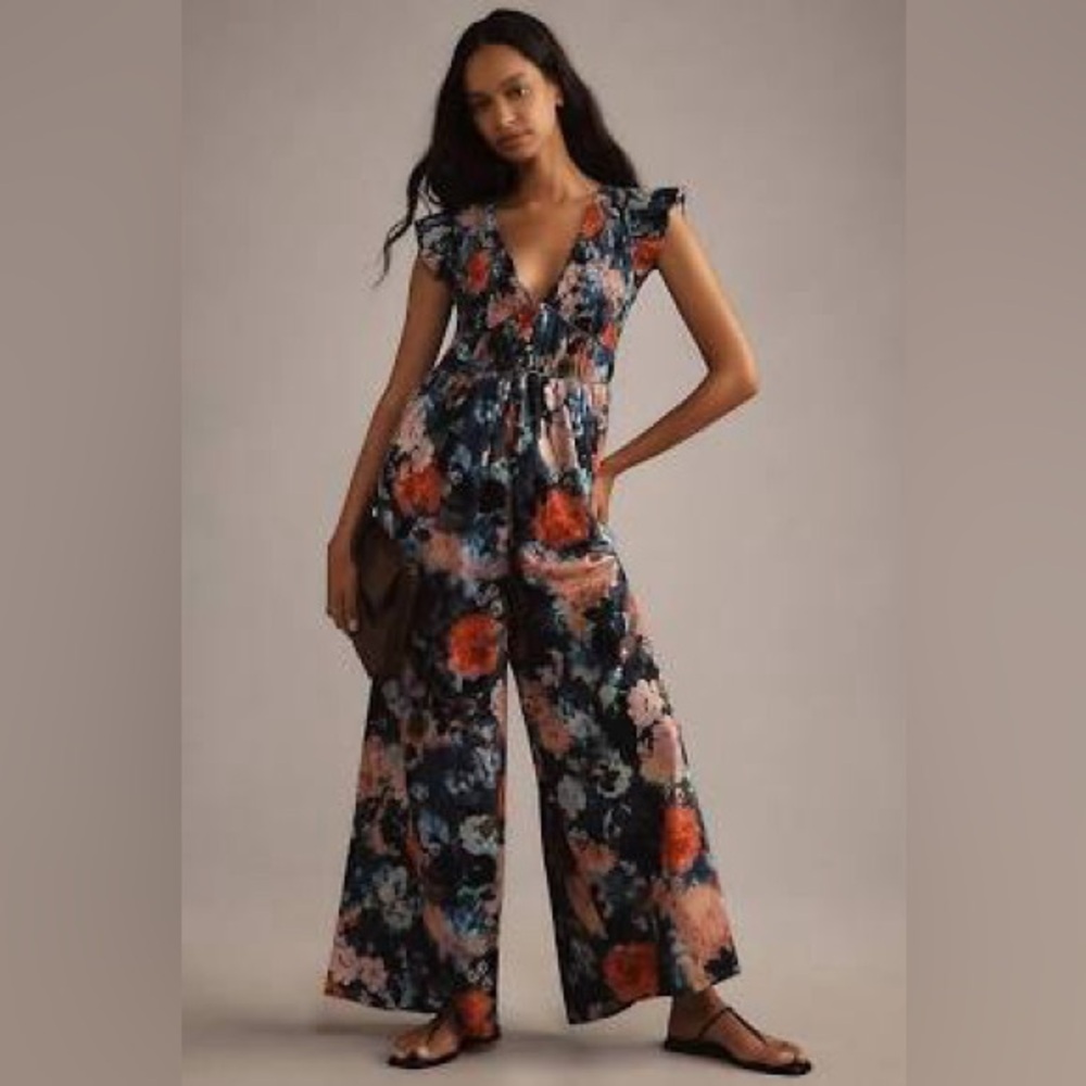 Anthropologie THE PEREGRINE JUMPSUIT: PRINTED EYELET EDITION blue motif
